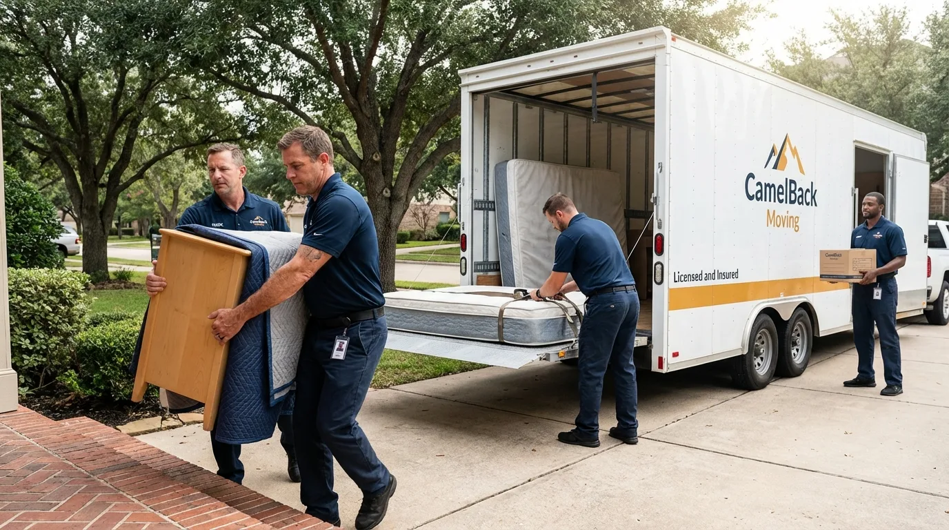 Crew loading residential truck for cross-state move from Mountain Home, AR