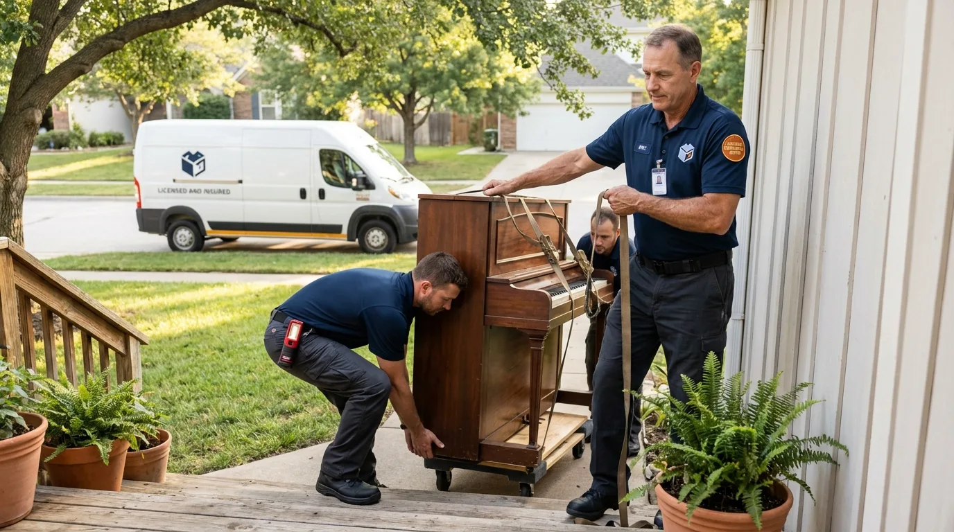 Licensed piano movers securing grand piano in Mountain Home, AR