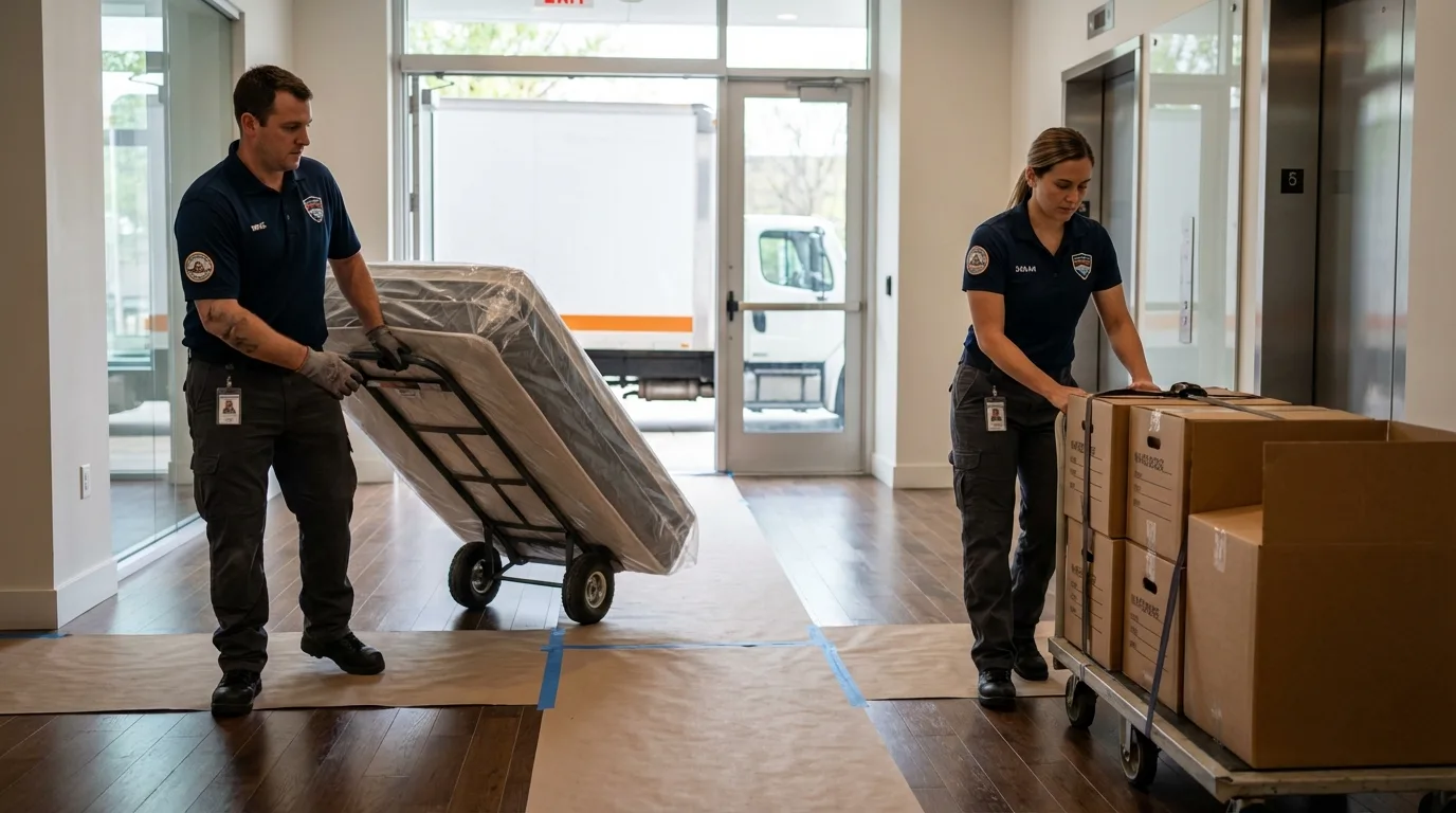 Professional apartment movers loading elevator in Mountain Home, AR