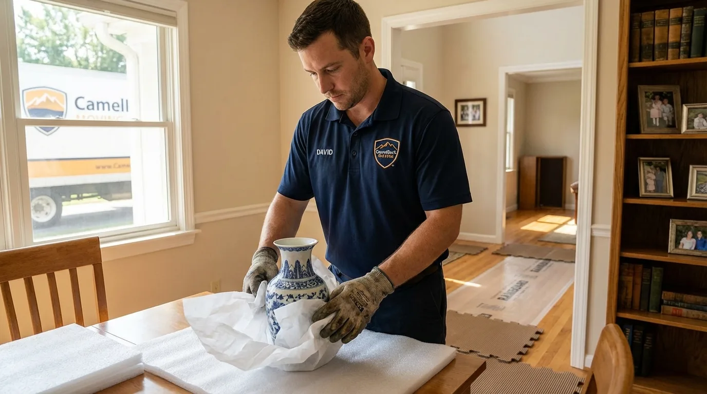 Professional crew carefully wrapping antique vase for senior downsizing move in Mountain Home, AR
